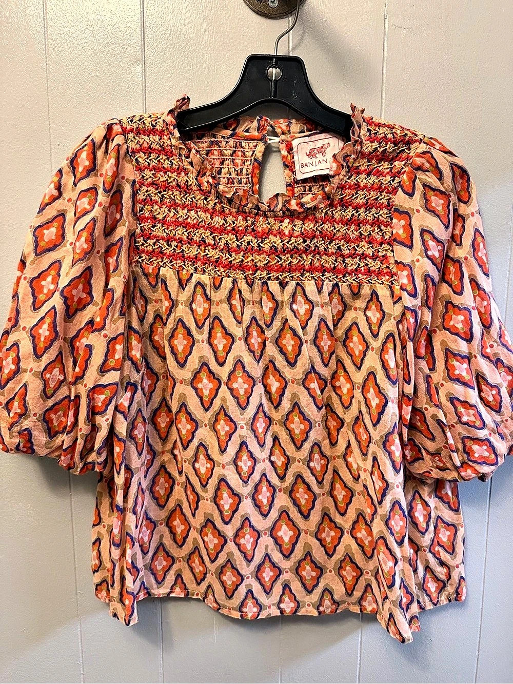 BAN JAN AN Geometric Blouse in Orange & Blue Like New